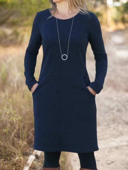 Cotton-Blend Solid Long Sleeve Crew Neck Casual Knitting Dress