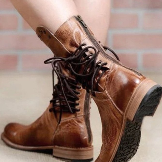 zolucky Low Heel Holiday Lace-Up Pu Boots