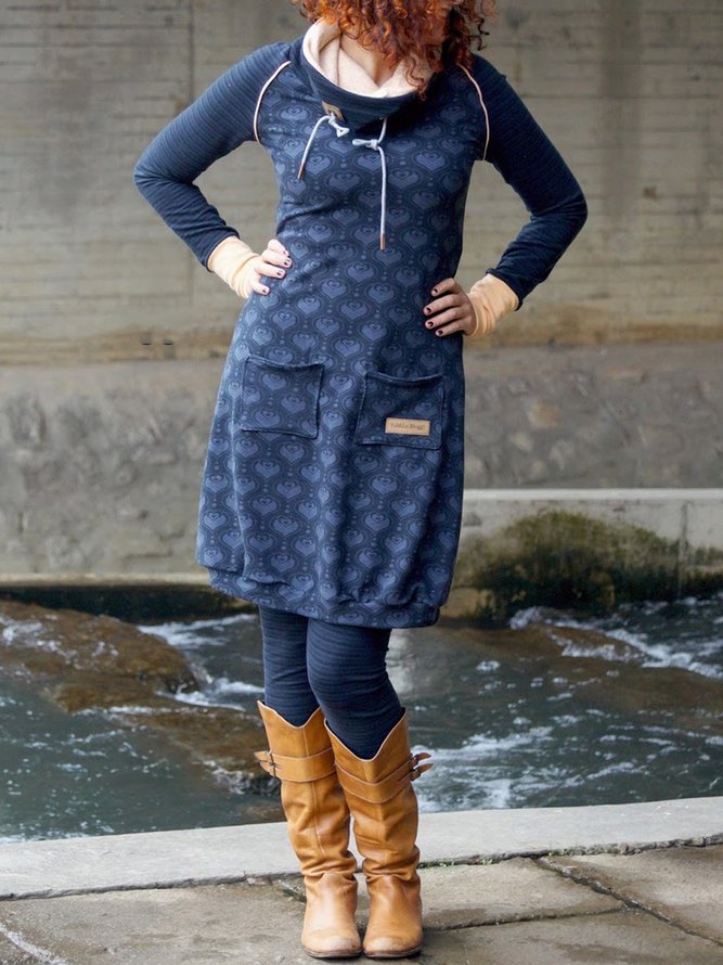 Cotton-Blend Stand Collar Casual Knitting Dress