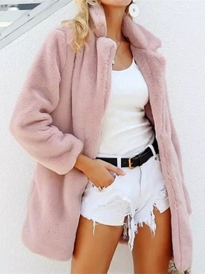 Women Vacation Winter Cocoon Faux fur Party Casual Long sleeve Shawl collar Jacket