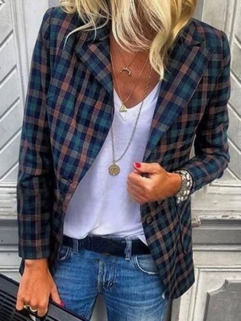 Blue Long Sleeve Checkered/plaid Jacket