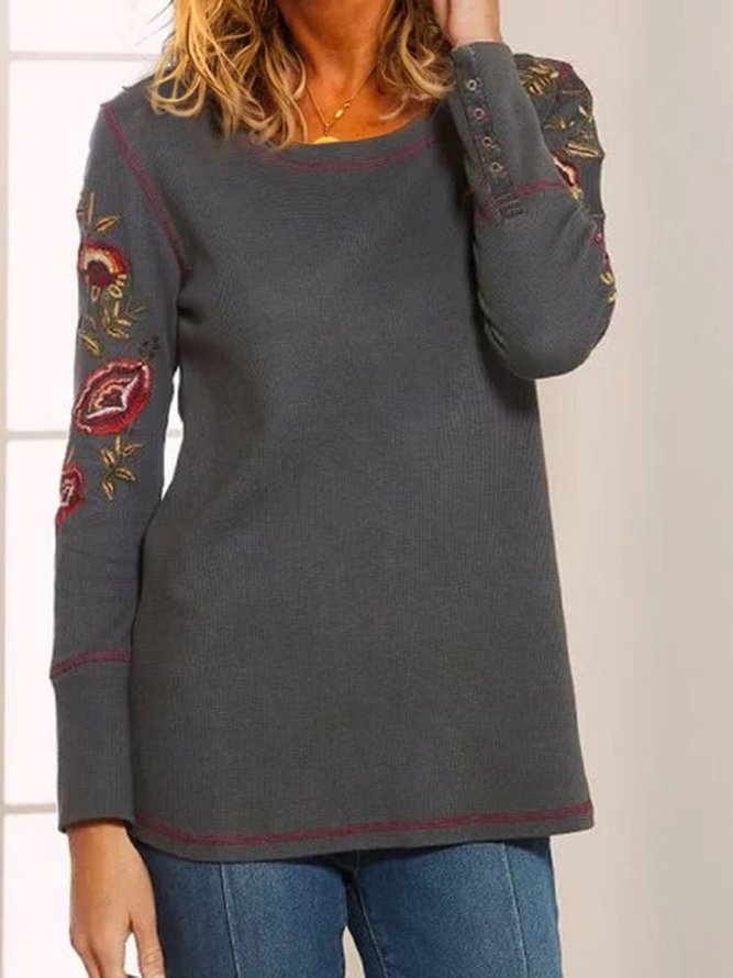 Women Long Sleeve Round Neck Casual Cotton-Blend T-shirt