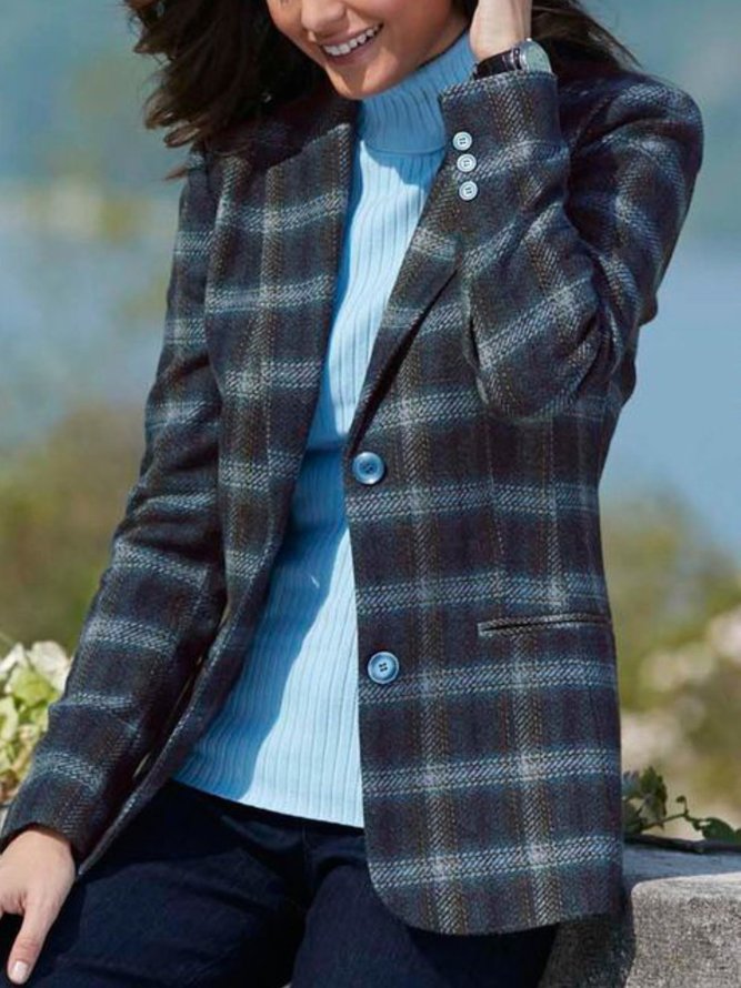 Casual Checked/Plaid Autumn V neck Buttoned Natural Mid-weight Daily Long sleeve Jacket for Women