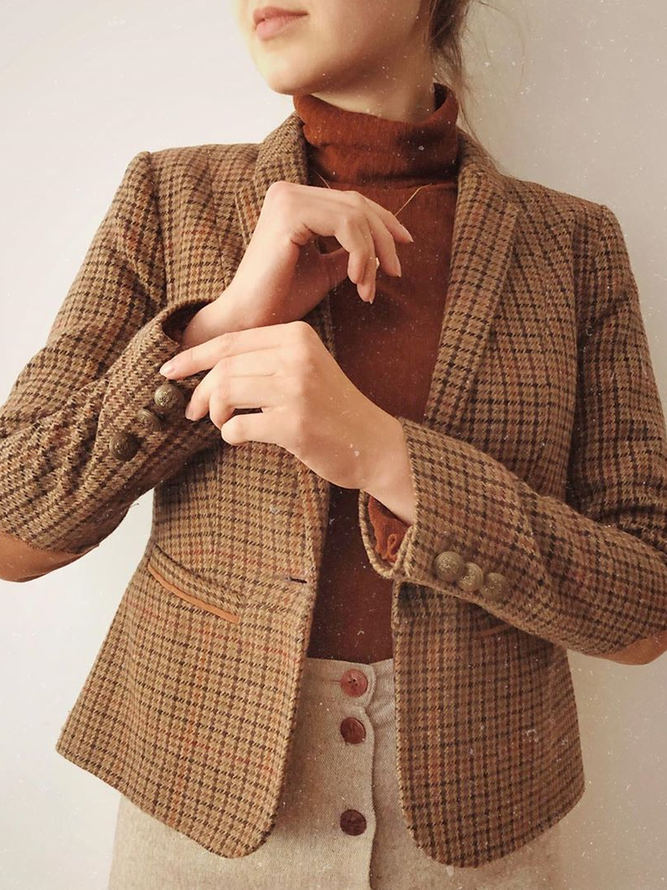 Brown Vintage Houndstooth Wool Blend Paneled Jacket
