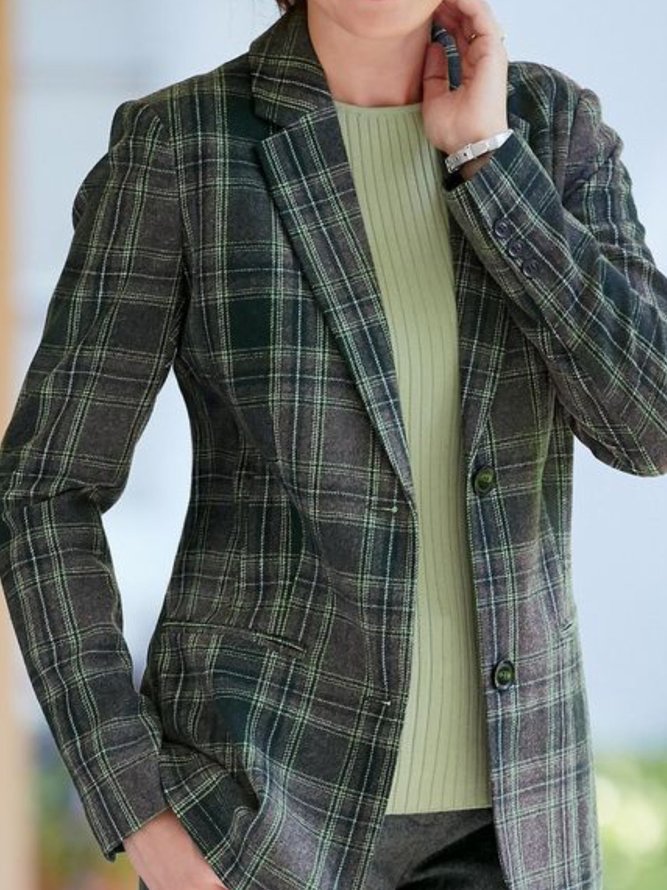 Women Casual Checked/Plaid Winter Buttoned Natural Mid-weight Daily Long sleeve Cotton-Blend Jacket