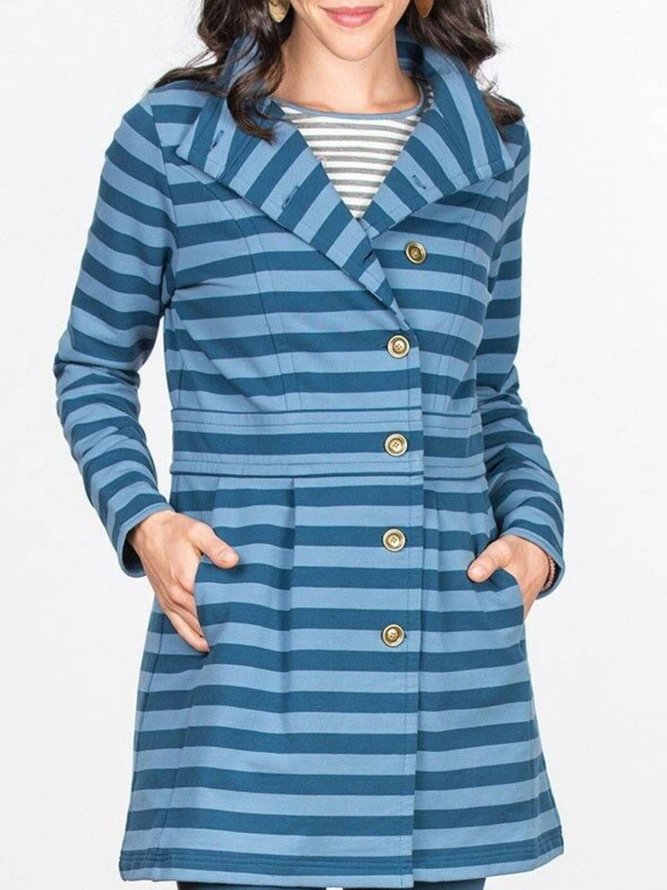 Women Blue Cotton-Blend Long Sleeve Fleece Coat