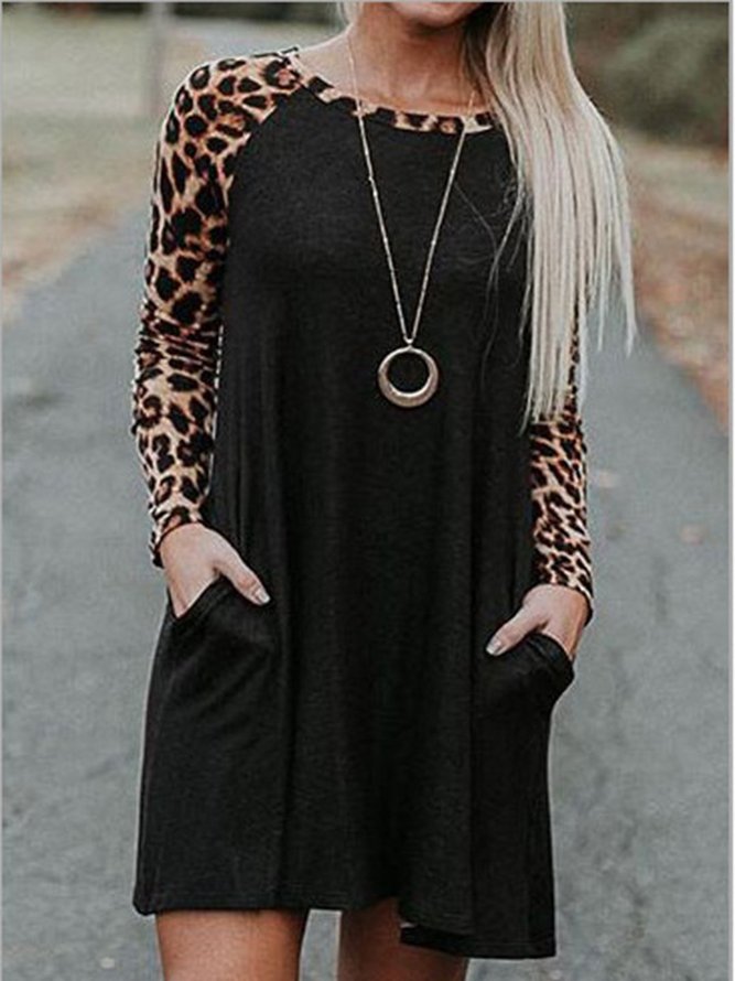 Black Round Neck Leopard-Print Casual Knitting Dress | zolucky