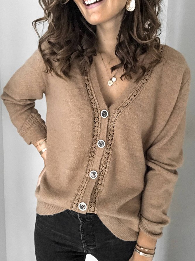 Casual Autumn Knitted V neck Mid-weight Micro-Elasticity Daily Long sleeve Jacket for Women