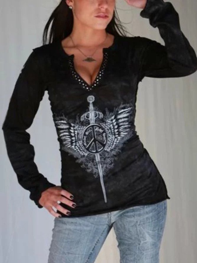 Casual Long Sleeve V Neck Plus Size Tops