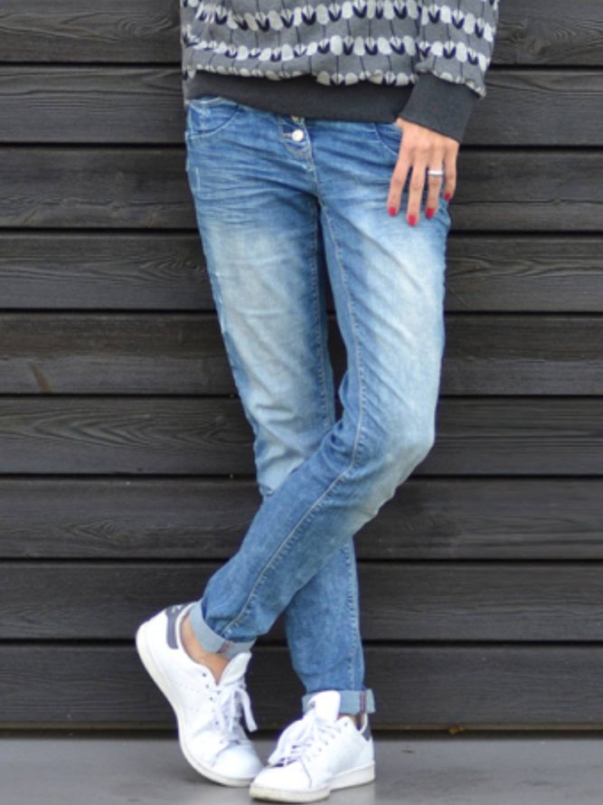 Blue Denim Casual Plain Jeans