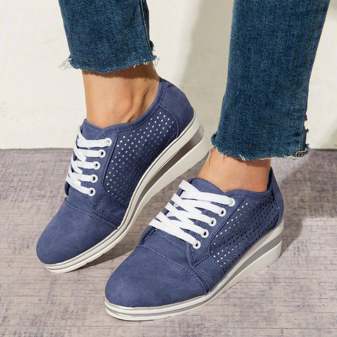 Blue Faux Leather Hollow-Out Wedge Heel Sneakers