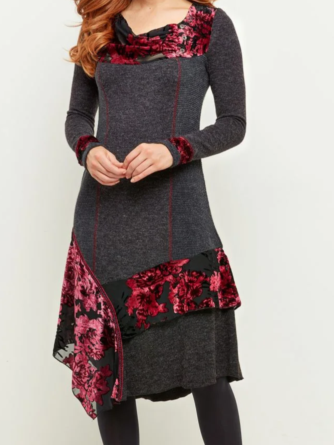 Cotton-Blend Casual Floral-Print Knitting Dress