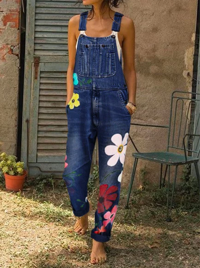 Women Fashion Denim Sunflower Jumpsuits Overalls