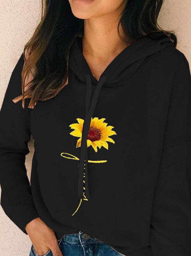 Black Floral Hoodie Cotton-Blend Long Sleeve Sweatshirts