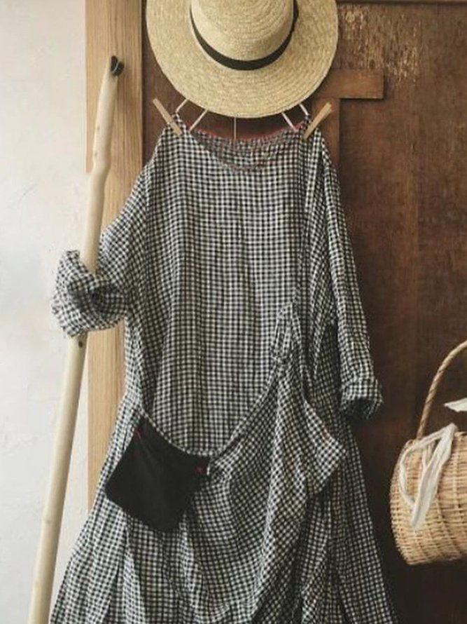 Women Vintage Plaid Long Sleeve Casual Maxi Weaving Dress