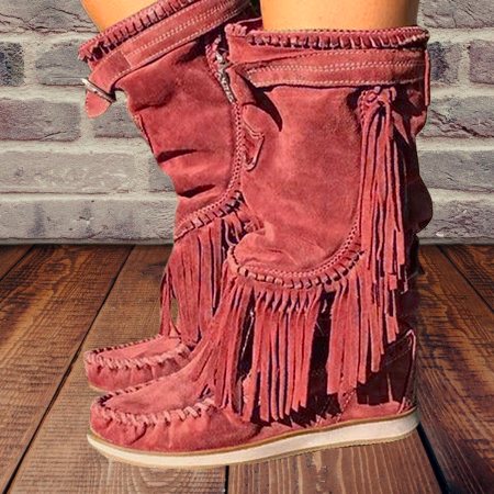 Brown Winter Suede Tassel Low Heel Boots