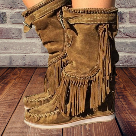 Brown Winter Suede Tassel Low Heel Boots