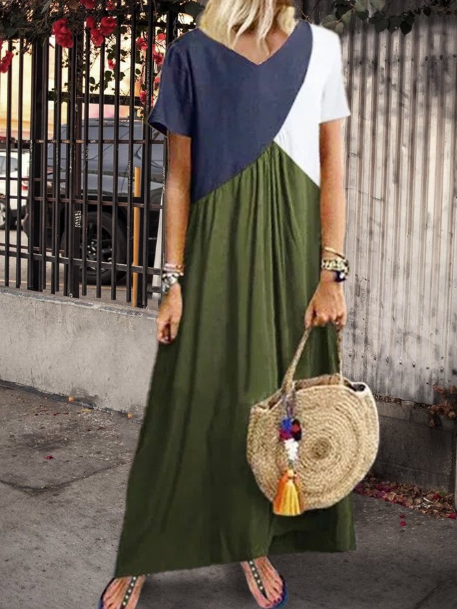 Women Casual Solid Color Cotton V Neck Plus Size Maxi Dresses