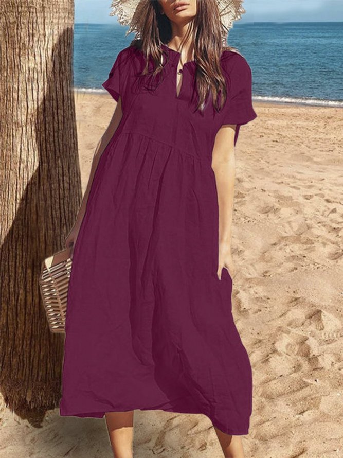 zolucky Plus Size Casual Short Sleeve Solid Maxi Weaving Dress | zolucky