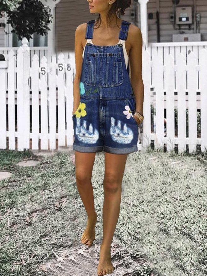 zolucky Floral Casual Jeans Sleeveless Pants Denim Overalls