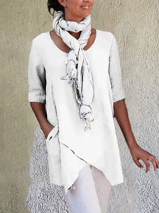 Women Vintage Solid Color Linen Half Sleeve Asymmetrical Blouse