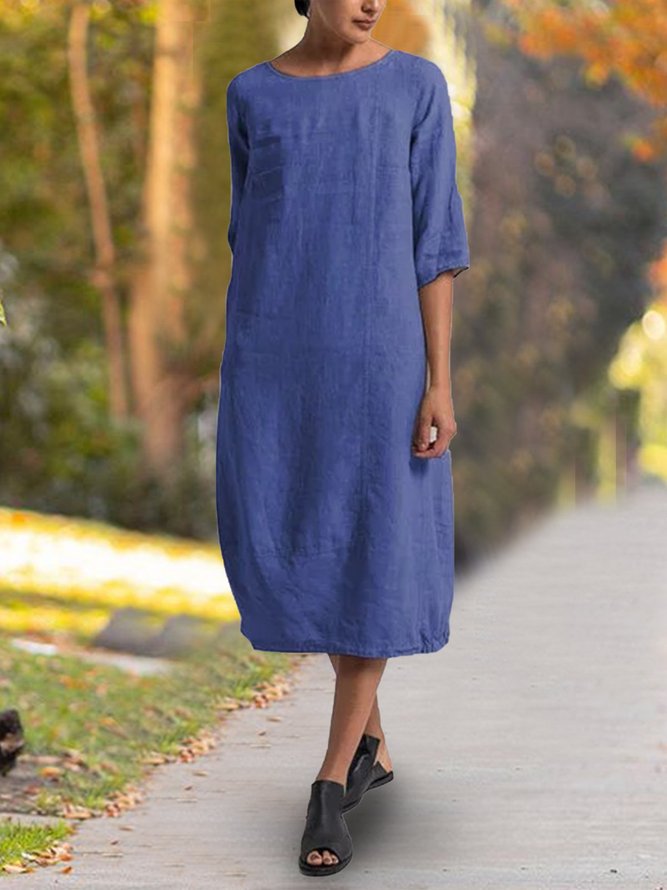 zolucky Casual Cotton Solid Crew Neck Linen Maxi Dresses zolucky