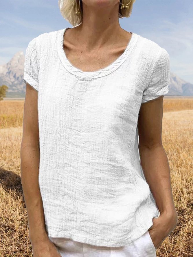 Women Casual Linen Cotton Plain Short Sleeve Blouses