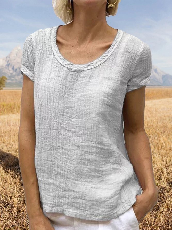 Women Casual Linen Cotton Plain Short Sleeve Blouses