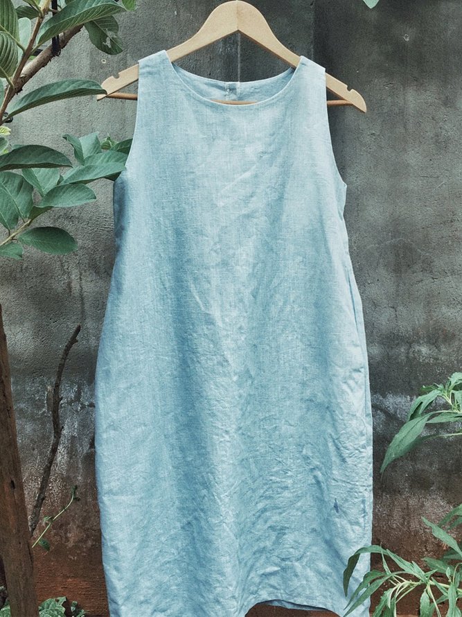 Vintage Plain Plus Size Sleeveless Buttoned Casual Weaving Dress