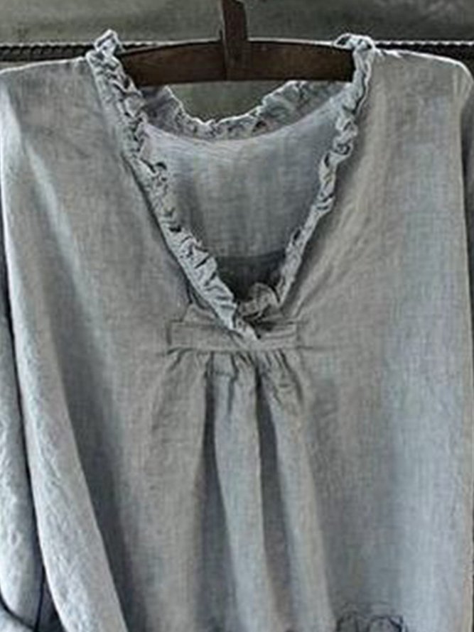 Vintage Plain Long Sleeve V Neck Casual Tops