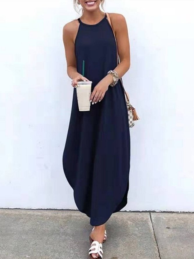 Solid Halter Holiday Maxi Weaving Dress