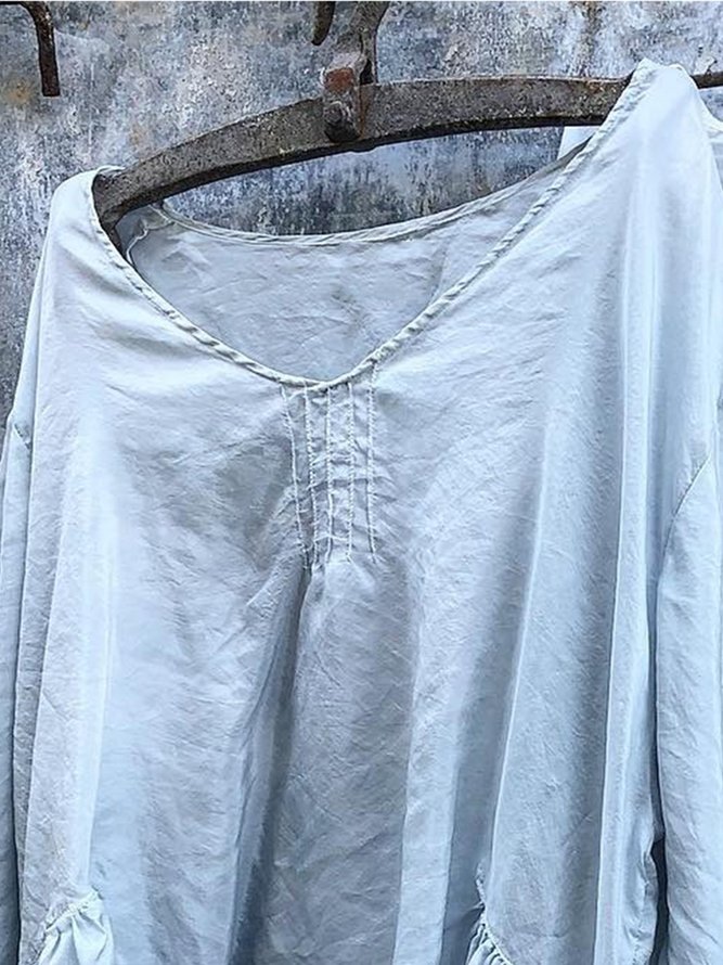 zolucky Vintage Plain Plus Size Long Sleeve V Neck Casual Tops
