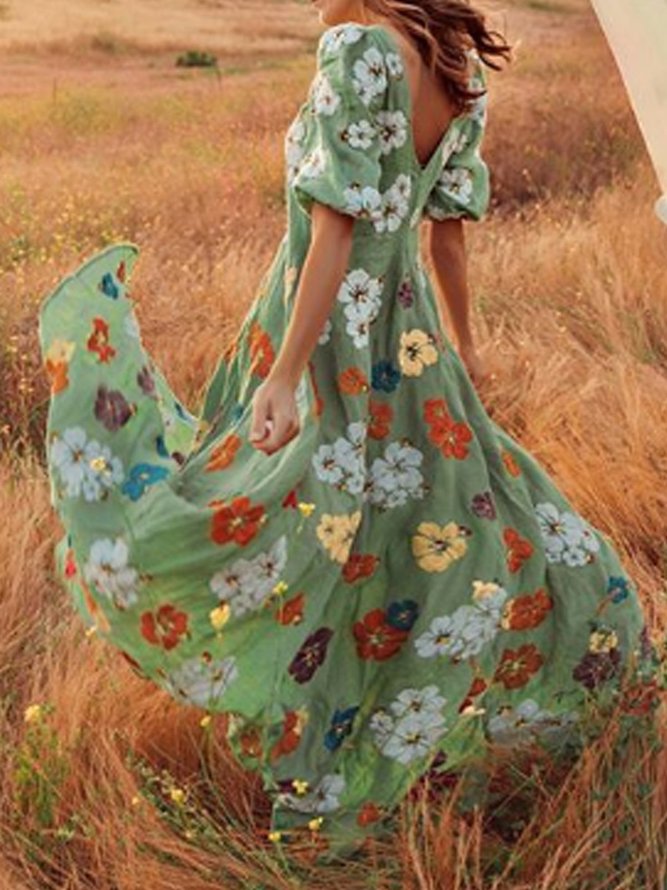 Lightgreen V Neck Printed Boho Patchwork Weaving Dress | zolucky