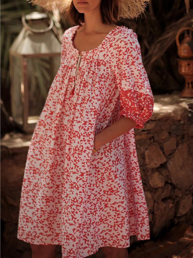 Red Half Sleeve Printed Cotton Boho Dresses Dresses Zolucky Summer