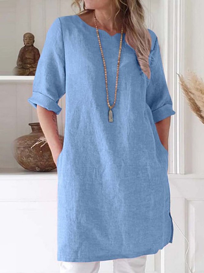 Women Casual 3/4 Sleeve Linen Cotton Plain Dresses | Linen Cloth