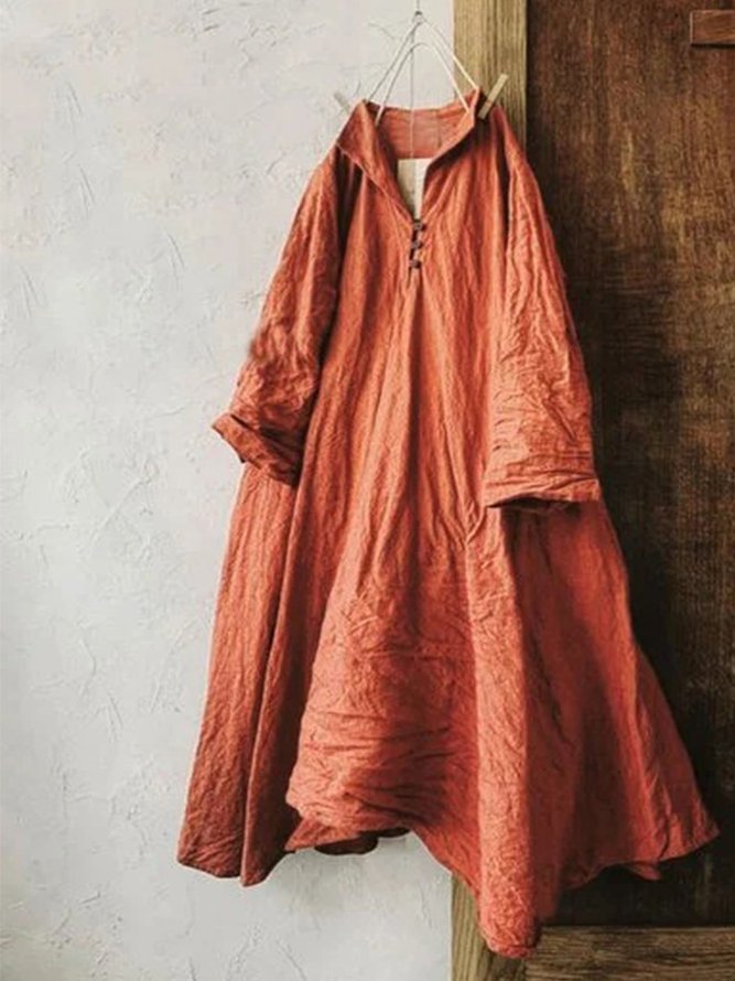 Vintage 3/4 Sleeve Plain V Neck Plus Size Casual Weaving Dress