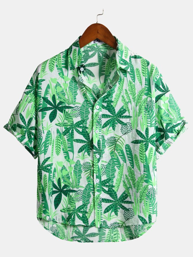 Green Printed Beach Cotton-Blend Leaves Shirts & Tops | zolucky