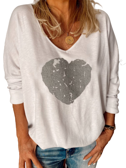 Long Sleeve Round Neck Cotton-Blend Printed Tops