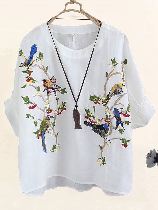 Women Floral Embroidery Half Sleeve Top