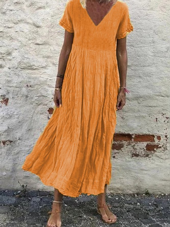 Zolucky Woman Short Sleeve Cotton-Blend V Neck Plain Casual Dresses