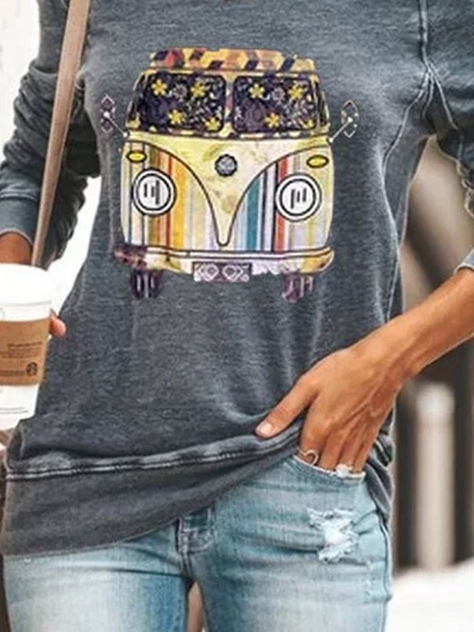 Gray Printed Casual Round Neck Cotton Top