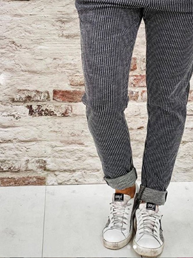 Stripe-Gray Casual Color-Block Pants