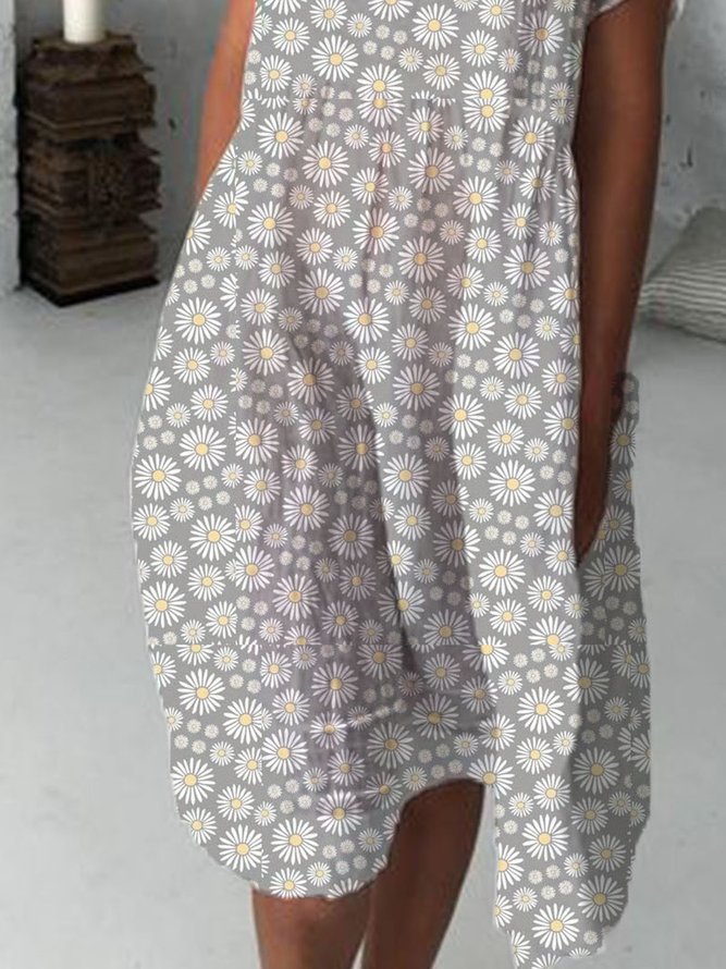 Round Neck Printed Short Sleeve Women Summer Casual Weaving Dress