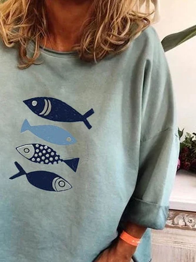 Blue Casual Round Neck Printed Fish T-shirt