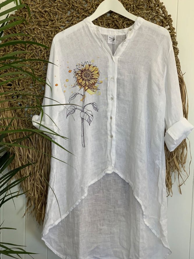Retro loose basic simple casual sunflower print summer cotton and linen shirt