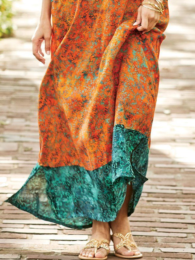 Orange Boho Abstract 3/4 Sleeve Weaving Dress | zolucky