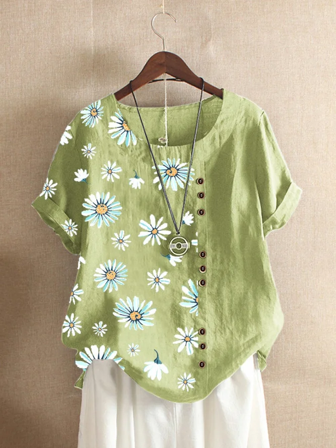 Green Floral-Print Casual T-shirt | zolucky