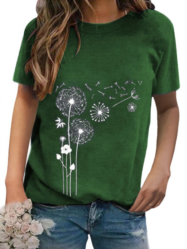 Crew Neck Short Sleeve  Dandelion Print T-Shirts & Tops