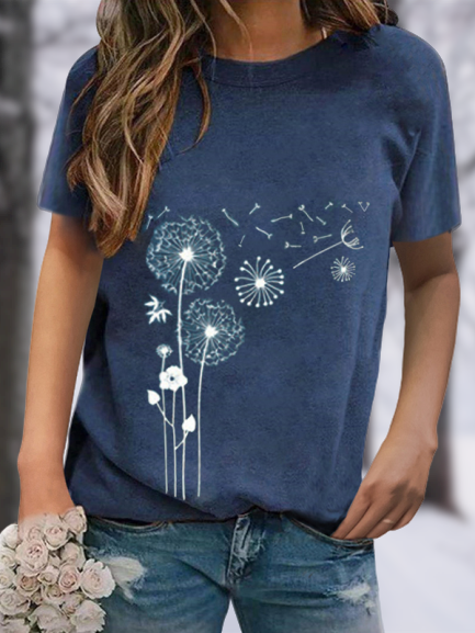 Crew Neck Short Sleeve  Dandelion Print T-Shirts & Tops