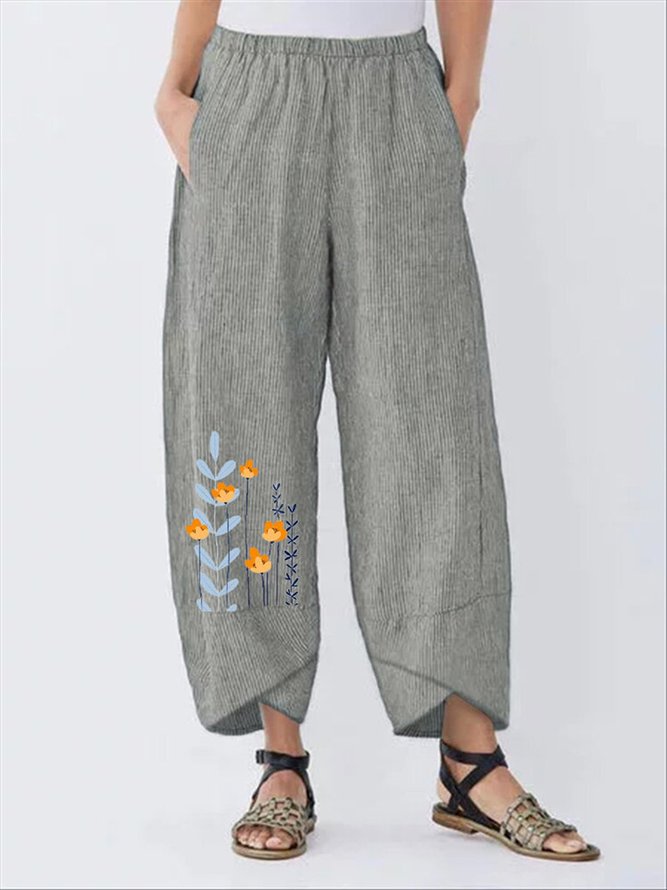 Gray Floral Printed Stripes Casual Shift Pants for Women